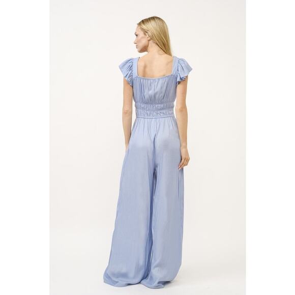 And The Why Ruched Multi Strings Details Square Neck Wide Leg Jumpsuit | Blue - Picture 2 of 8